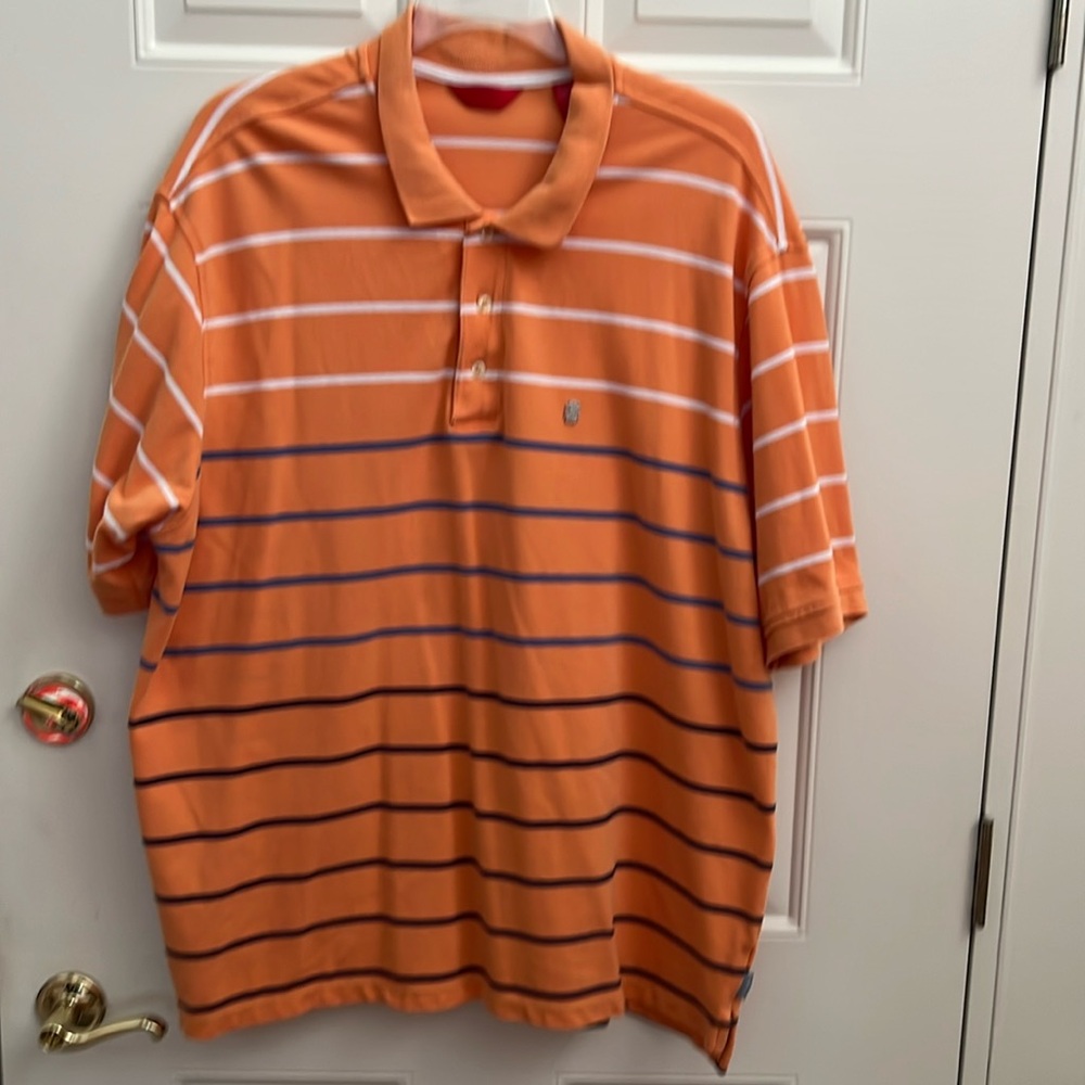 Izod Mens Orange, Blue and White Striped Polo Shirt. 3XLT.